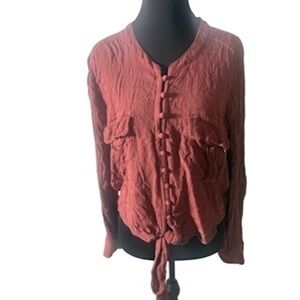 Rust Terracotta Tie Front Button Down Long Sleeve Blouse Top Boho Textured